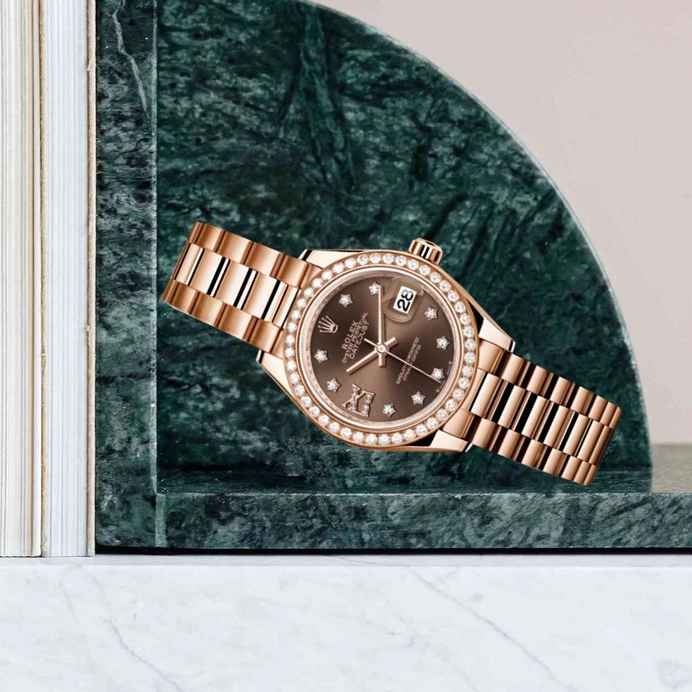 Rolex Lady-Datejust 28mm - Ref: 279135RBR cho9dix8dp - Chocolate Diamond Dial & Diamond Bezel, 18K Rose Gold Presidential Bracelet Women's Watch