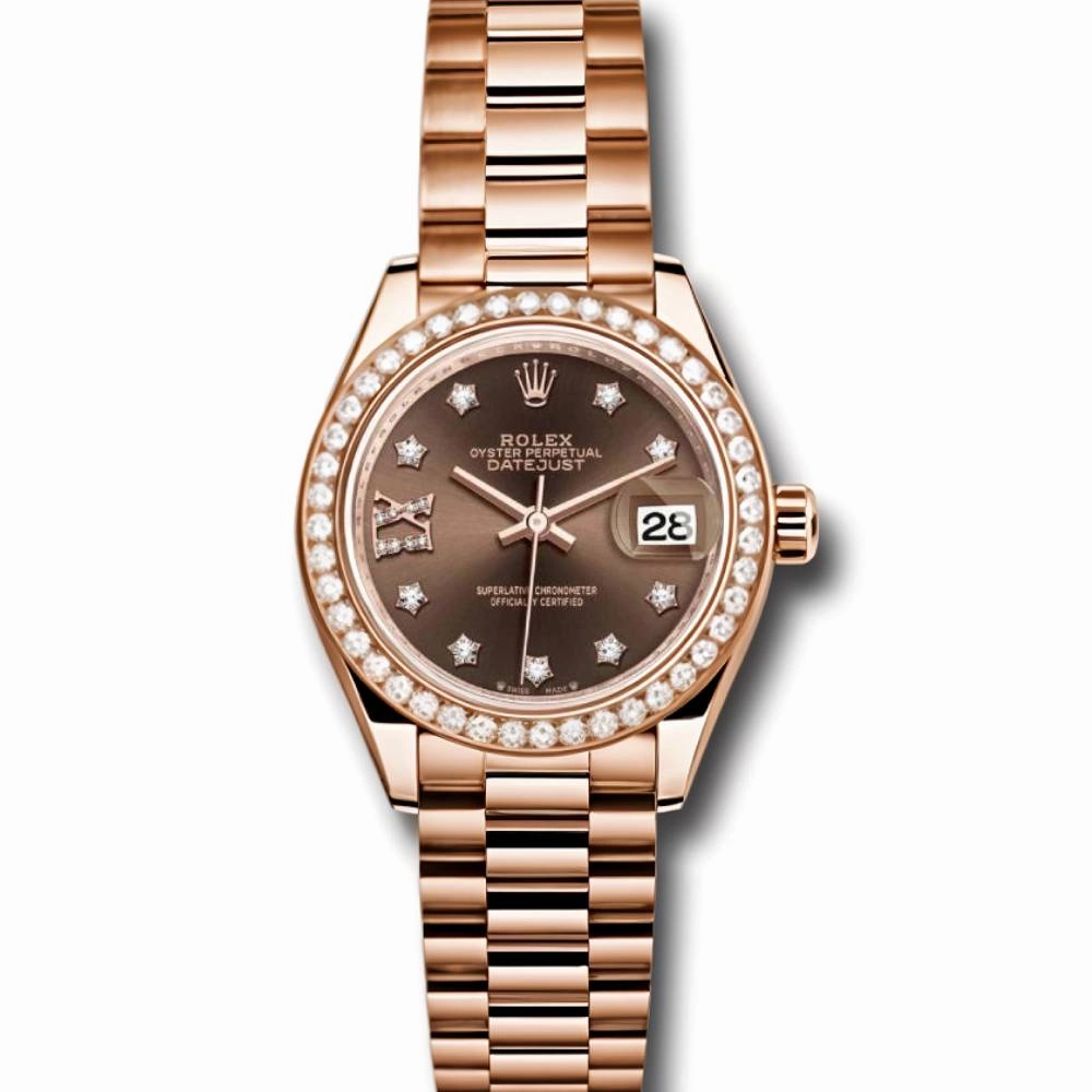 Rolex Lady-Datejust 28mm - Ref: 279135RBR cho9dix8dp - Chocolate Diamond Dial & Diamond Bezel, 18K Rose Gold Presidential Bracelet Women's Watch