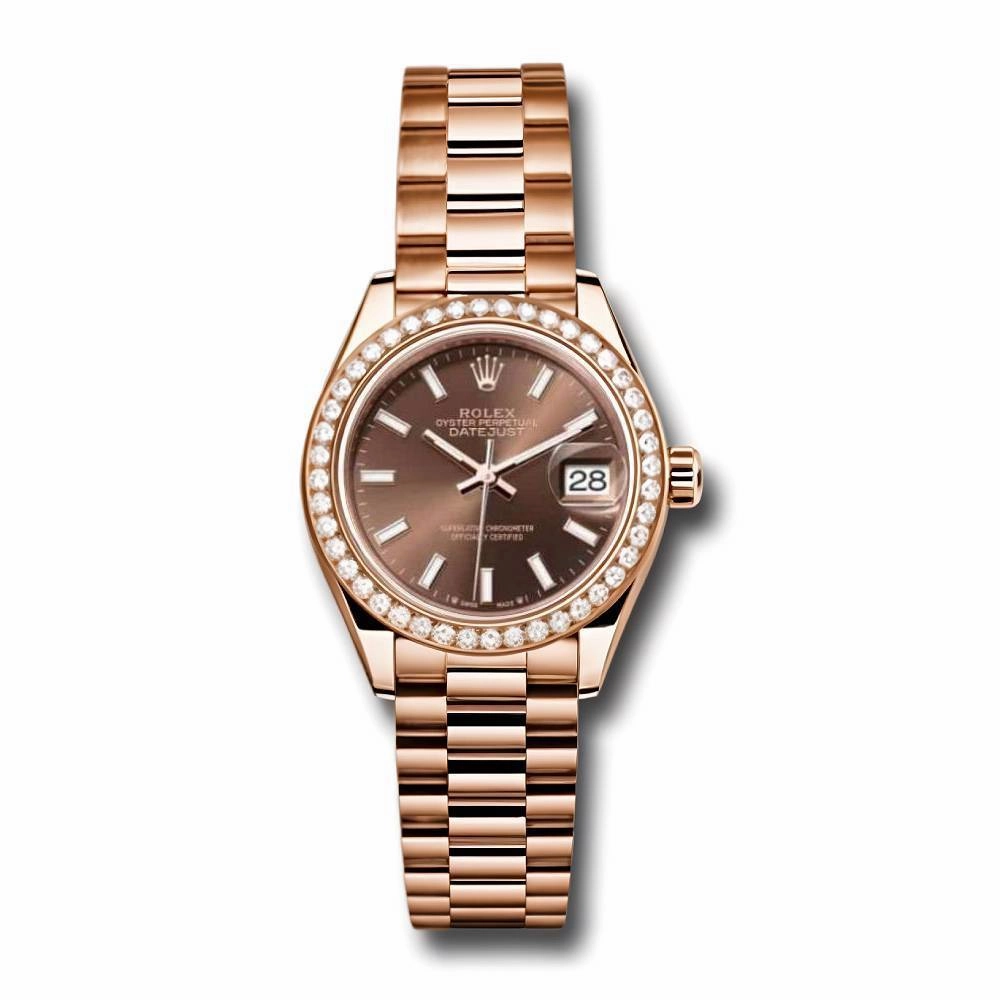 Rolex Lady Datejust 28mm - Ref: 279135rbr choip - Chocolate Dial & Diamond Bezel, 18K Rose Gold Oyster Bracelet Women's Watch