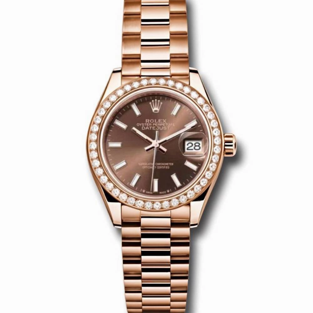 Rolex Lady Datejust 28mm - Ref: 279135rbr choip - Chocolate Dial & Diamond Bezel, 18K Rose Gold Oyster Bracelet Women's Watch