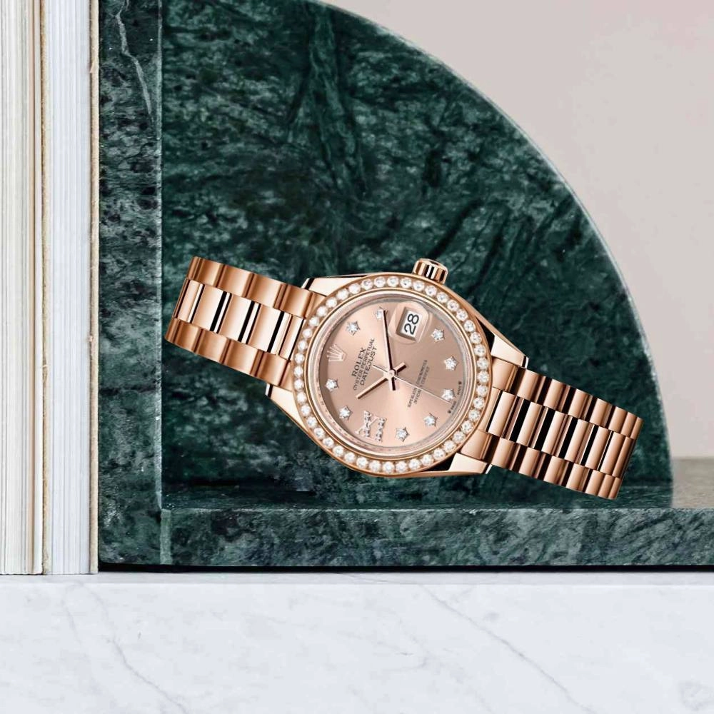 Rolex Lady Datejust 28mm - Ref: 279135rbr rs9dix8dp - Rose Dial & Diamond Bezel, 18K Rose Gold Oyster Bracelet Women's Watch