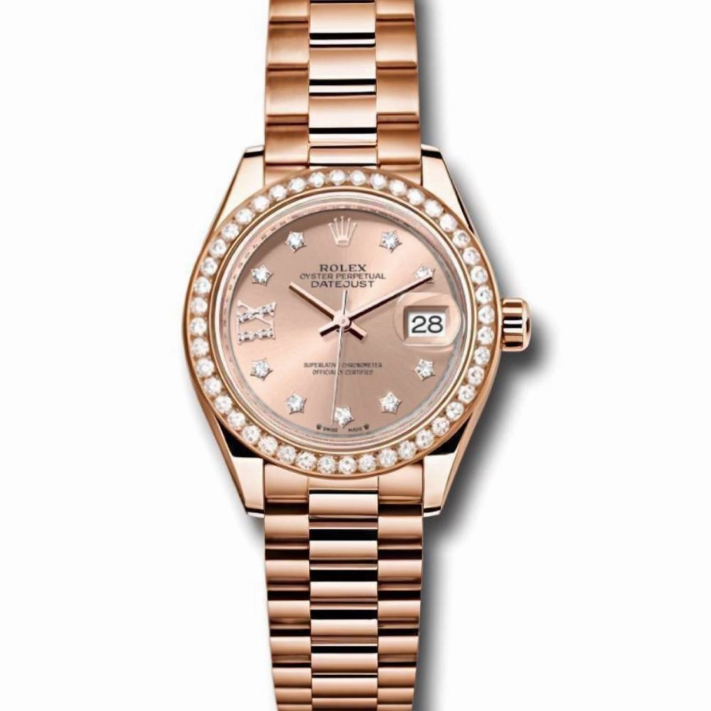 Rolex Lady Datejust 28mm - Ref: 279135rbr rs9dix8dp - Rose Dial & Diamond Bezel, 18K Rose Gold Oyster Bracelet Women's Watch
