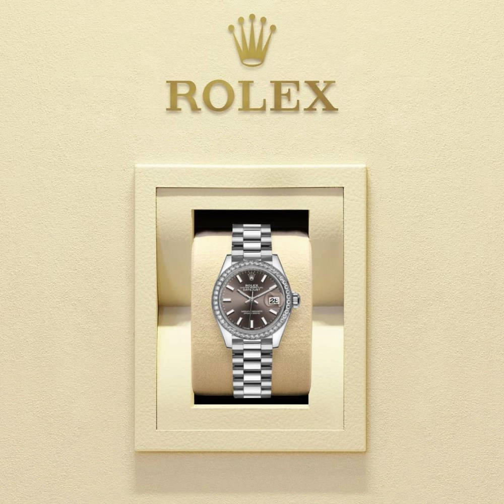 Rolex Lady-Datejust 28mm - Ref: 279136rbr-0009 - Grey Dial & Diamond Bezel, 18K White Gold Presidential Bracelet Women's Watch