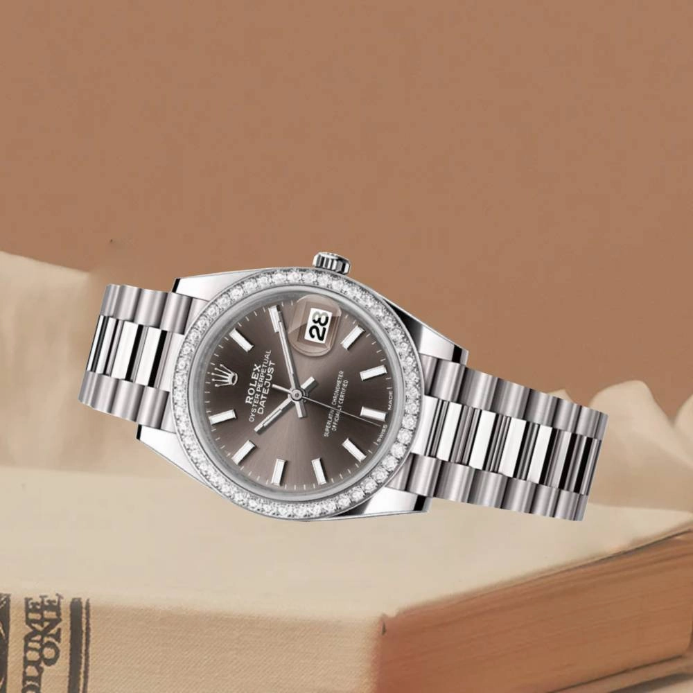 Rolex Lady-Datejust 28mm - Ref: 279136RBR dkgip - Grey Stick Dial & Diamond Bezel, Platinum Presidential Bracelet Women's Watch