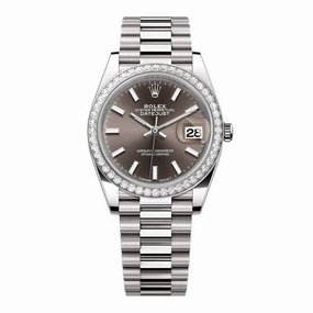 Rolex Lady-Datejust 28mm - Ref: 279136RBR dkgip - Grey Stick Dial & Diamond Bezel, Platinum Presidential Bracelet Women's Watch