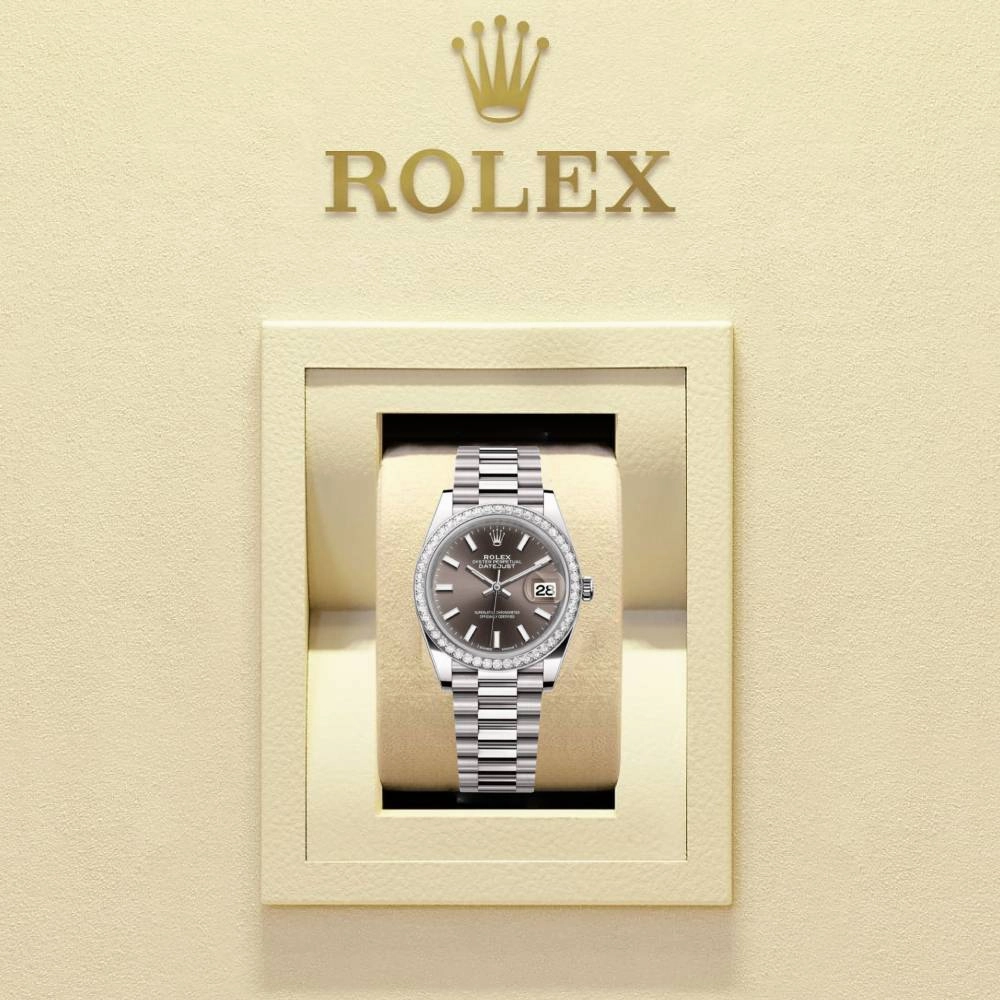 Rolex Lady-Datejust 28mm - Ref: 279136RBR dkgip - Grey Stick Dial & Diamond Bezel, Platinum Presidential Bracelet Women's Watch
