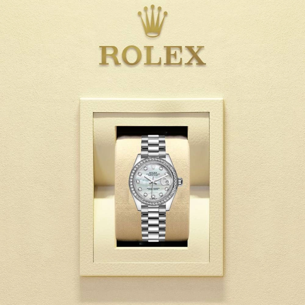 Rolex Lady-Datejust 28mm - Ref: 279136RBR mdp - White Mother of Pearl Diamond Dial & Diamond Bezel, Platinum Presidential Bracelet Women's Watch