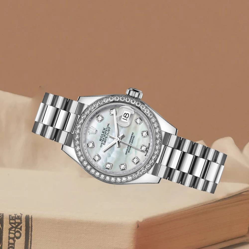 Rolex Lady-Datejust 28mm - Ref: 279136RBR mdp - White Mother of Pearl Diamond Dial & Diamond Bezel, Platinum Presidential Bracelet Women's Watch
