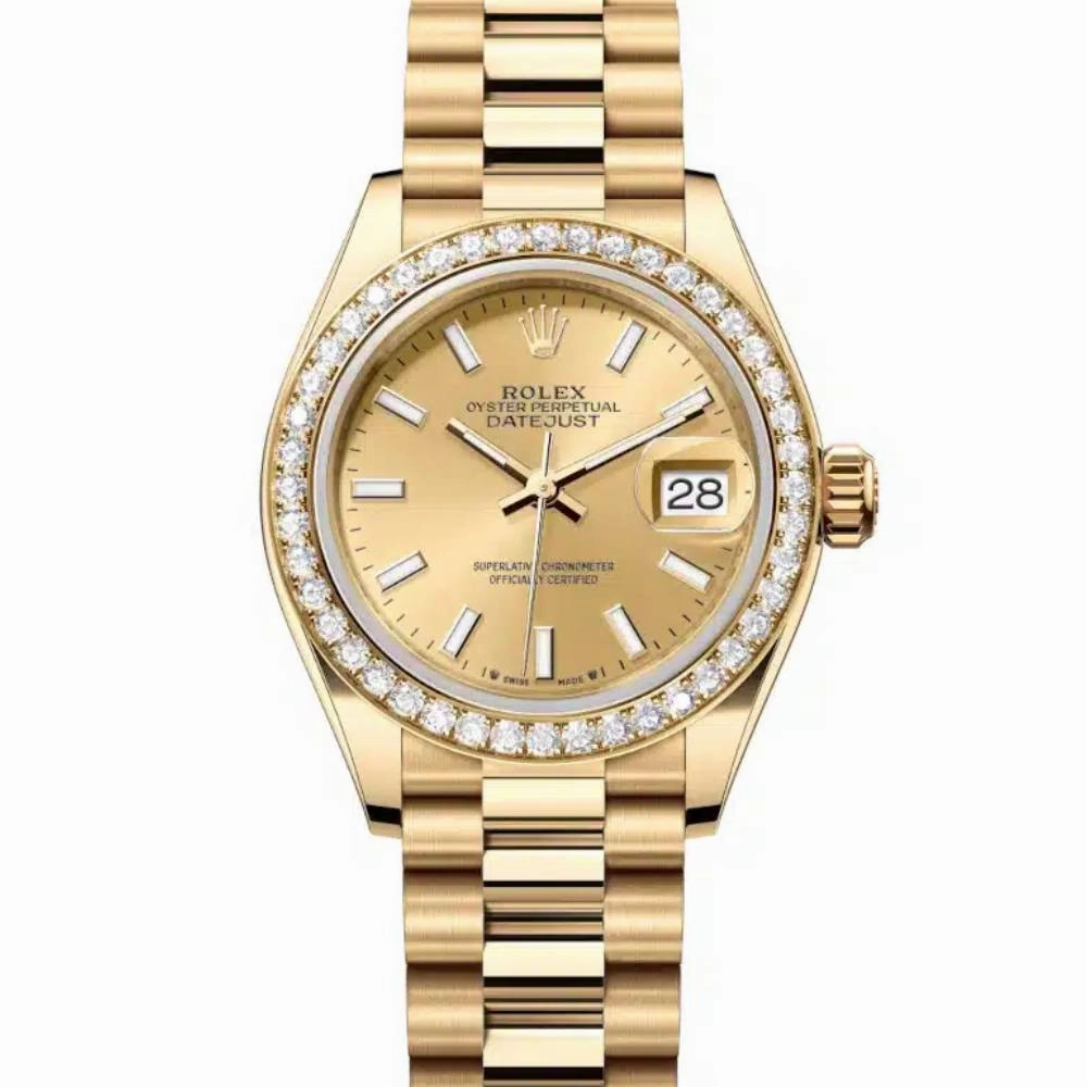 Rolex Lady Datejust 28mm - Ref: 279138rbr-0014 - Champagne Dial, 18K Yellow Gold President Bracelet Women's Watch