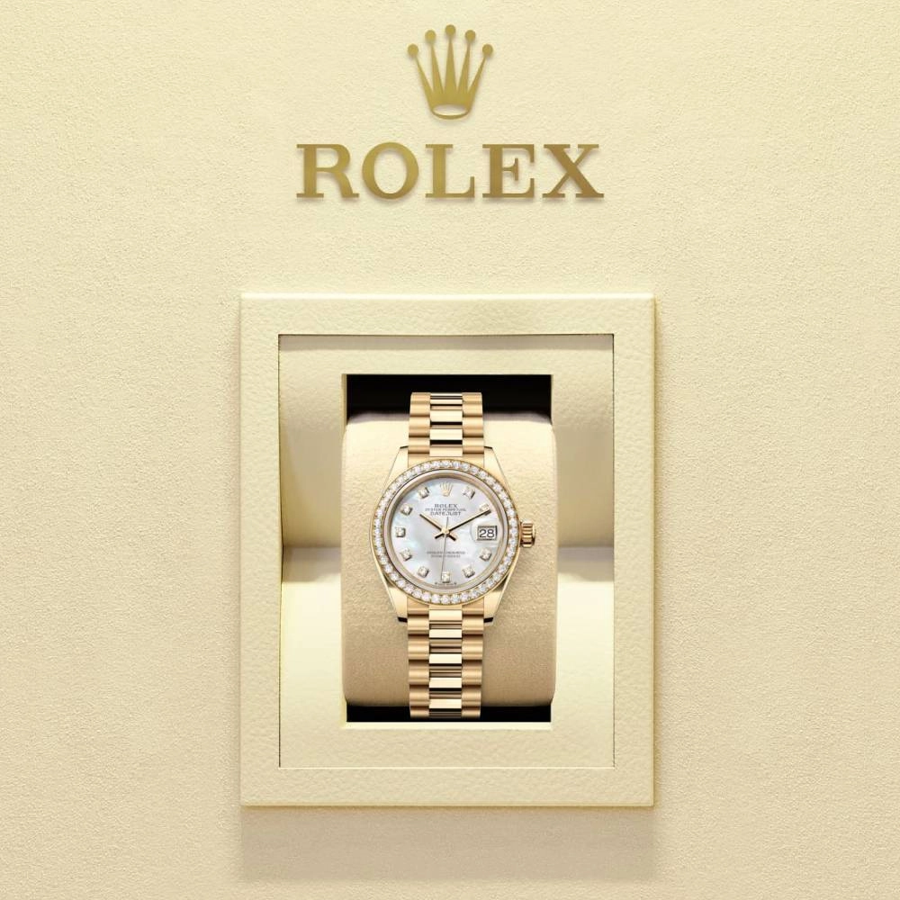 Rolex Lady Datejust 28mm - Ref: 279138rbr-0015 - White Mother of Pearl Dial, 18K Yellow Gold President Bracelet Women's Watch