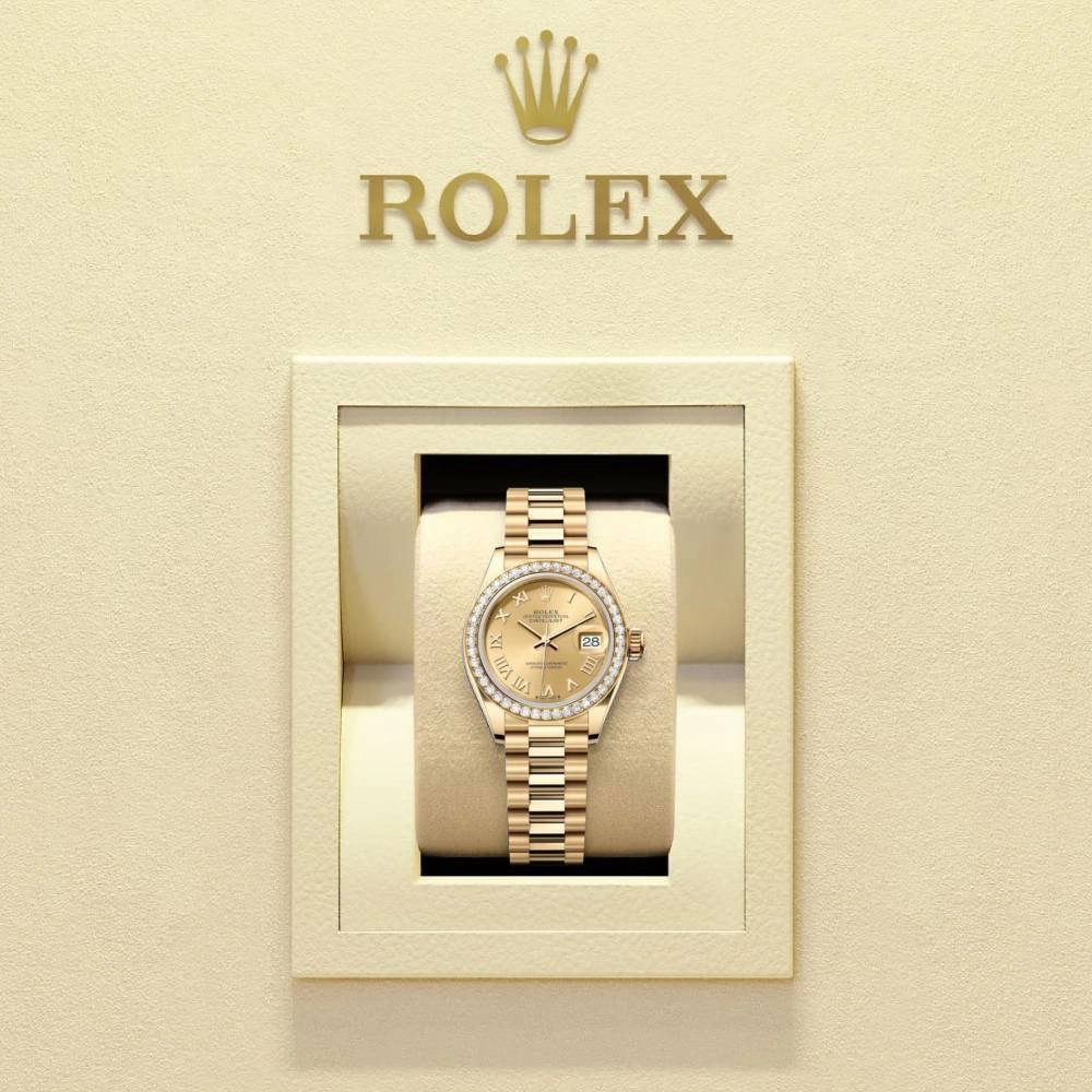 Rolex Lady-Datejust 28mm - Ref: 279138rbr-0021 - Champagne Roman Dial & Diamond Bezel, 18K Yellow Gold Presidential Bracelet Women's Watch
