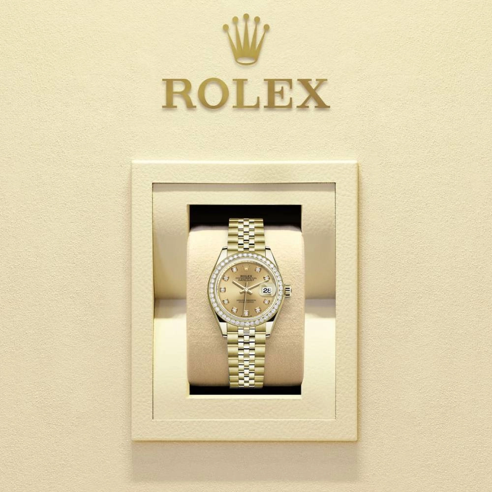 Rolex Lady-Datejust 28mm - Ref: 279138rbr-0024 - Champagne Diamond Dial & Diamond Bezel, 18K Yellow Gold Jubilee Bracelet Women's Watch