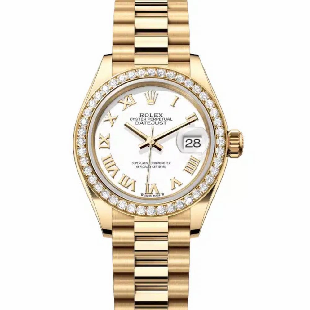 Rolex Lady-Datejust 28mm - Ref: 279138rbr-0031 - White Roman Dial & Diamond Bezel, 18K Yellow Gold Presidential Bracelet Women's Watch