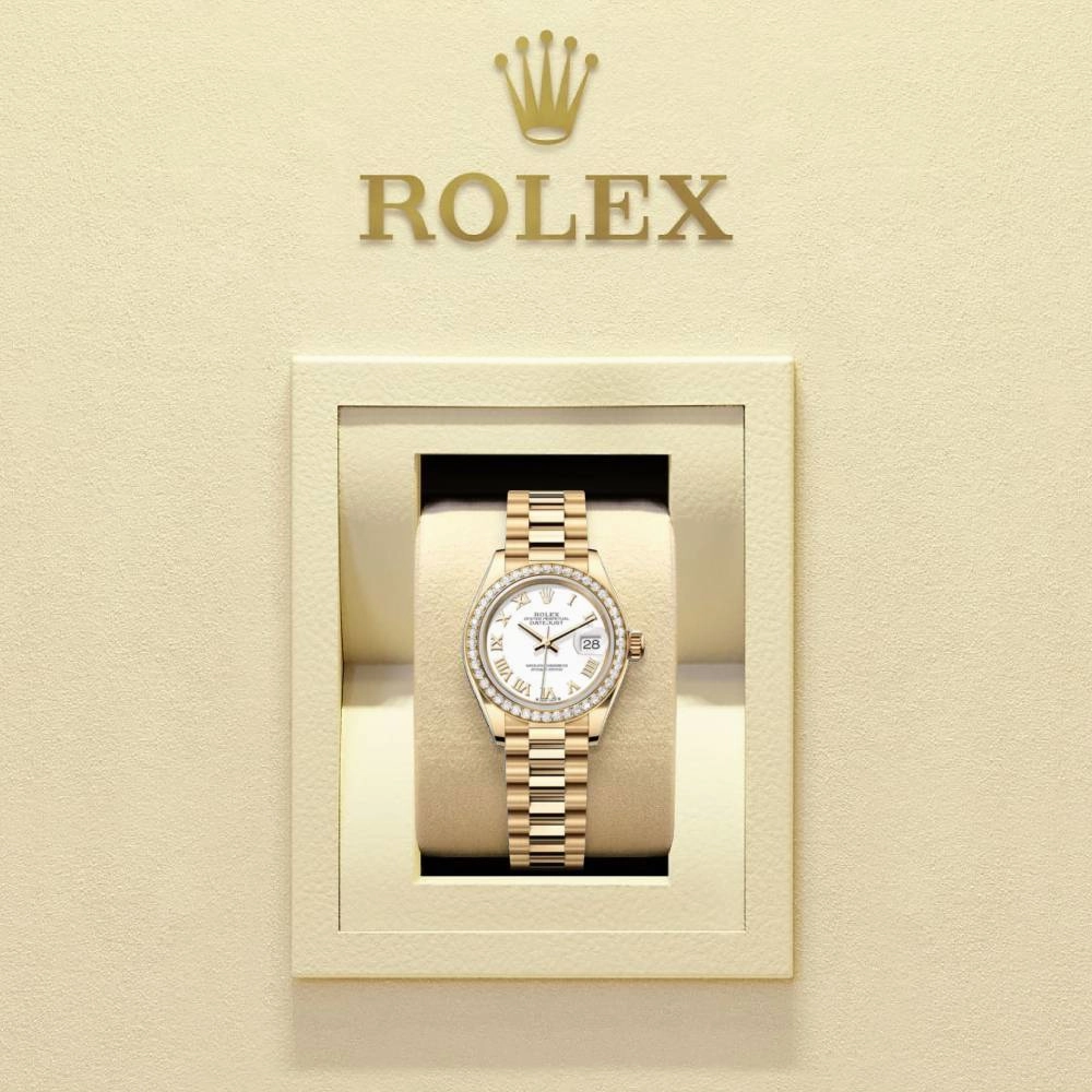 Rolex Lady-Datejust 28mm - Ref: 279138rbr-0031 - White Roman Dial & Diamond Bezel, 18K Yellow Gold Presidential Bracelet Women's Watch