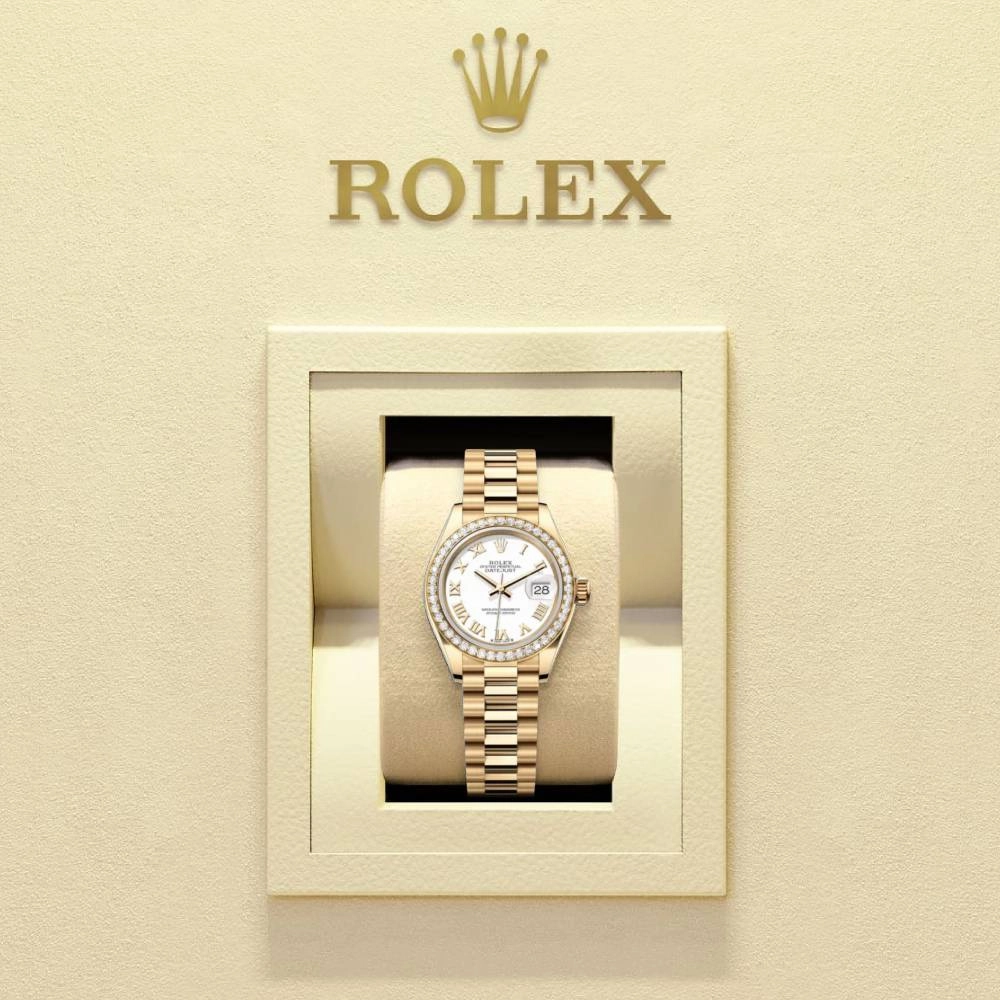 Rolex Lady-Datejust 28mm - Ref: 279138rbr-0031 - White Roman Dial & Diamond Bezel, 18K Yellow Gold Presidential Bracelet Women's Watch