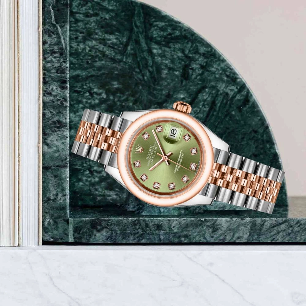 Rolex Lady-Datejust 28mm - Ref: 279161-0007 - Green Diamond Dial, Two Tone Stainless Steel & 18K Rose Gold Jubilee Bracelet Women's Watch