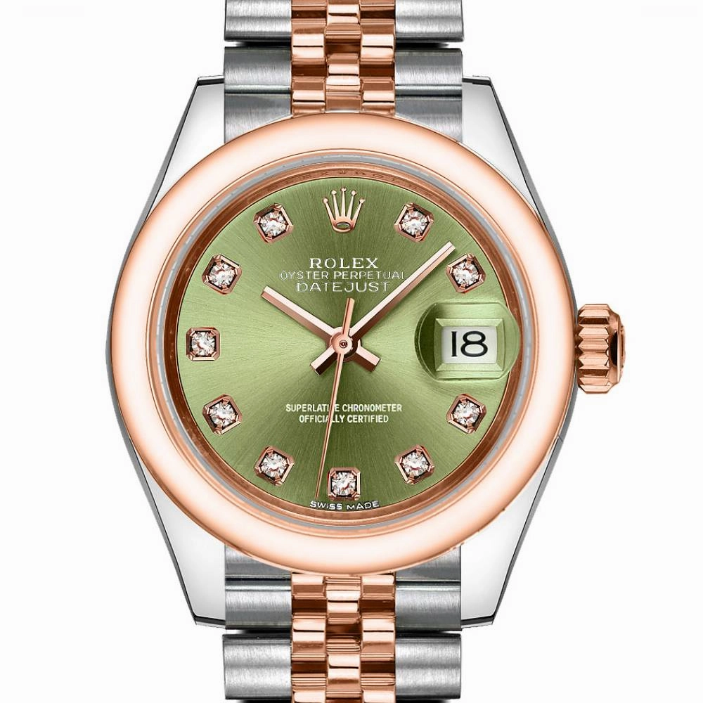 Rolex Lady-Datejust 28mm - Ref: 279161-0007 - Green Diamond Dial, Two Tone Stainless Steel & 18K Rose Gold Jubilee Bracelet Women's Watch