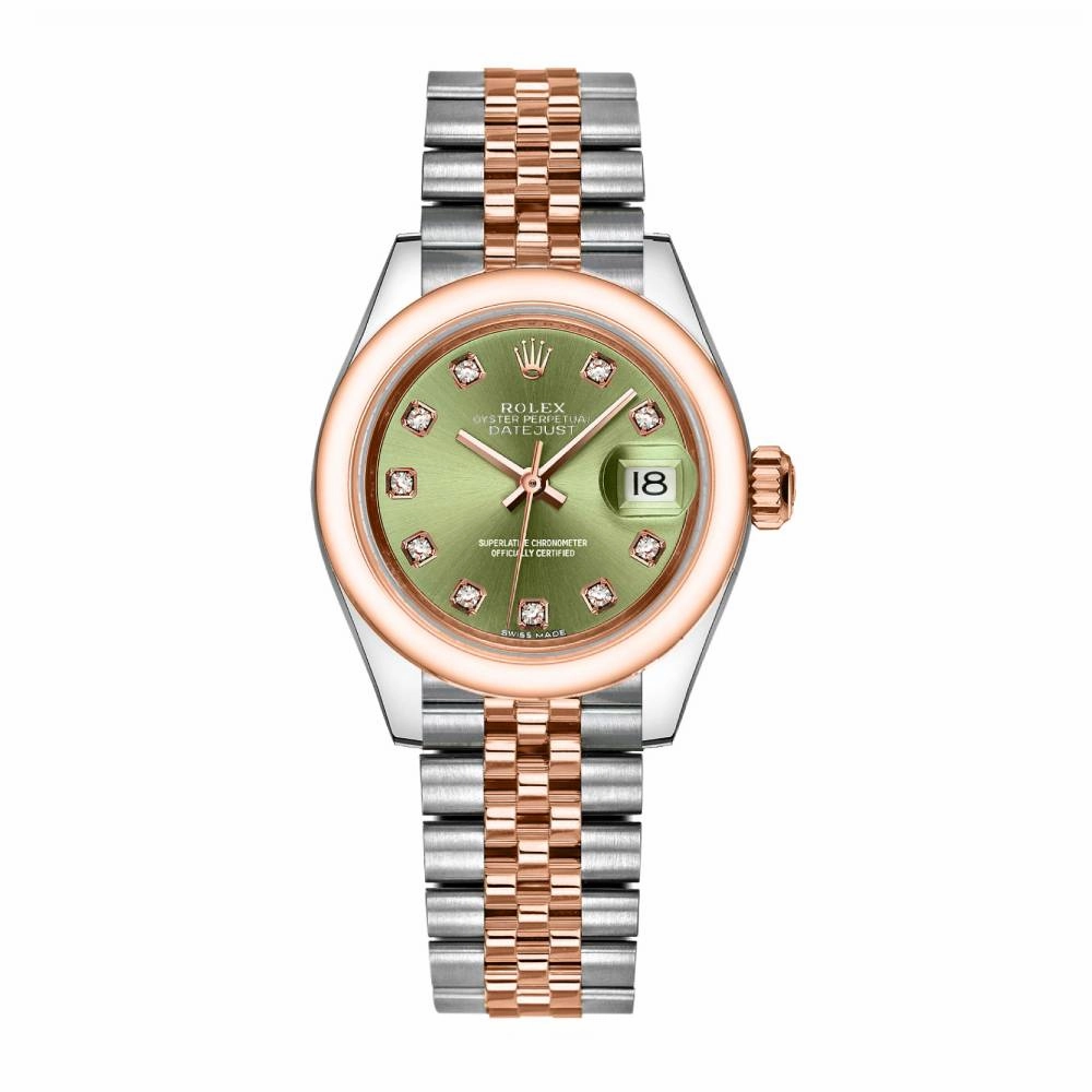 Rolex Lady-Datejust 28mm - Ref: 279161-0007 - Green Diamond Dial, Two Tone Stainless Steel & 18K Rose Gold Jubilee Bracelet Women's Watch