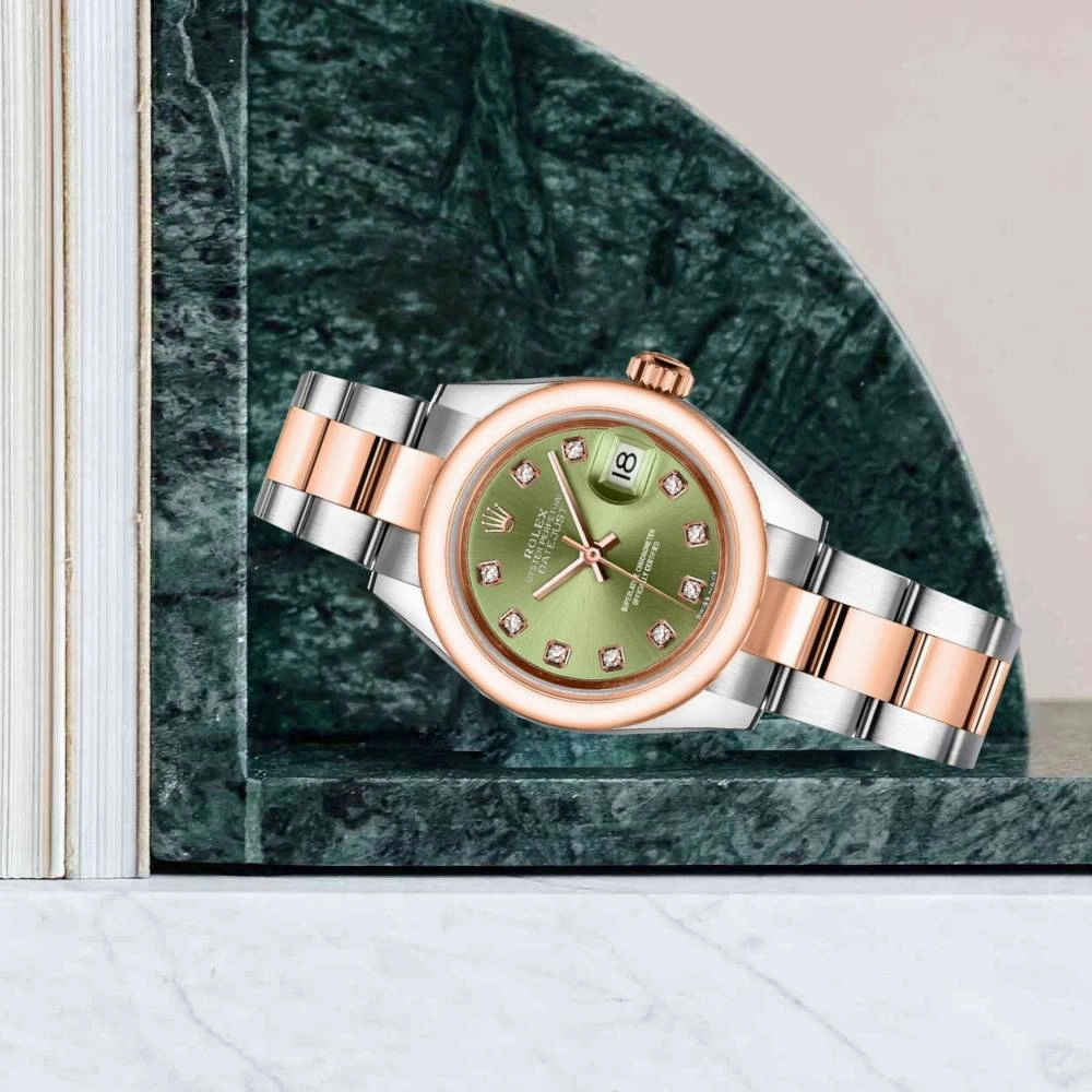 Rolex Lady-Datejust 28mm - Ref: 279161-0008 - Green Diamond Dial, Two Tone Stainless Steel & 18K Rose Gold Oyster Bracelet Women's Watch