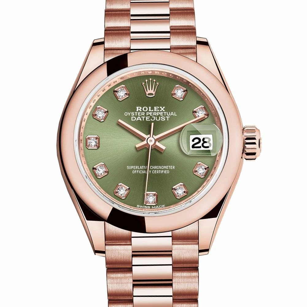 Rolex Lady Datejust 28mm - Ref: 279165-0011 - Green Dial, 18K Rose Gold President Bracelet Women's Watch