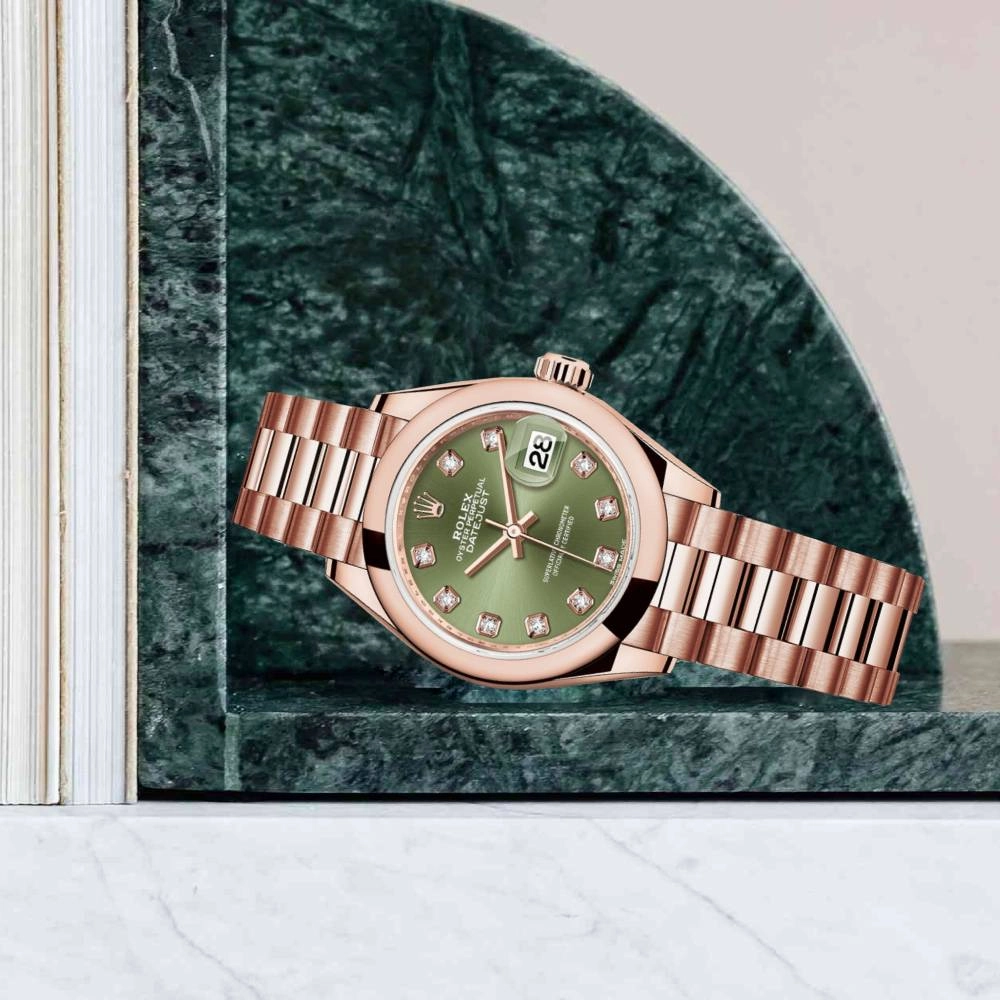 Rolex Lady Datejust 28mm - Ref: 279165-0011 - Green Dial, 18K Rose Gold President Bracelet Women's Watch