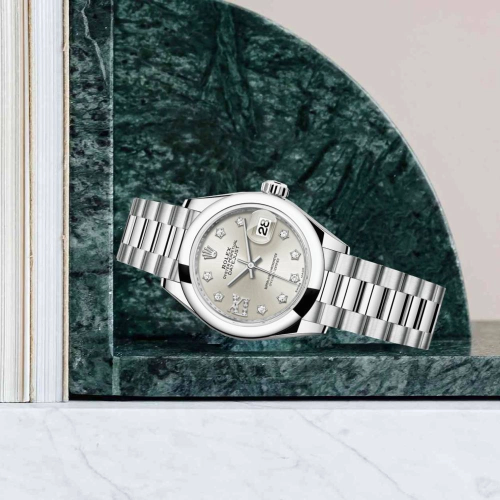 Rolex Lady-Datejust 28mm - Ref: 279166-0001 - Silver Diamond Dial, Platinum President Bracelet Women's Watch