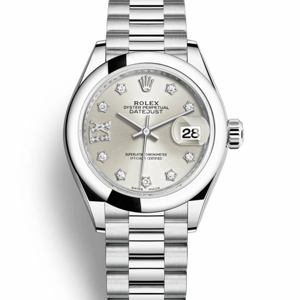 Rolex Lady-Datejust 28mm - Ref: 279166-0001 - Silver Diamond Dial, Platinum President Bracelet Women's Watch