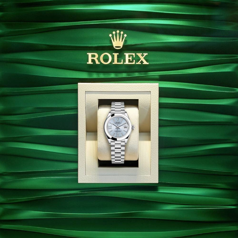 Rolex Lady-Datejust 28mm - Ref: 279166-0002 - Ice Blue Roman Diamond Dial, Platinum President Bracelet Women's Watch