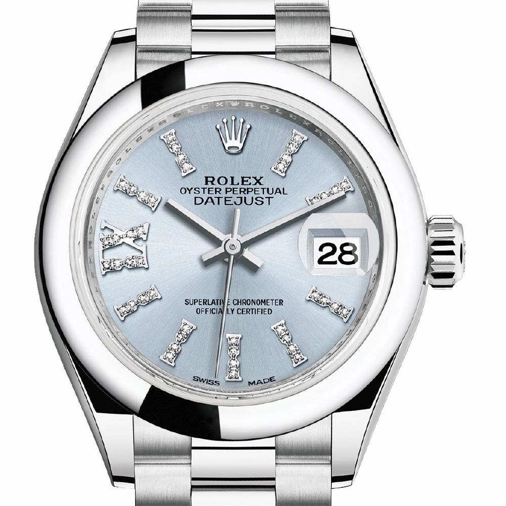 Rolex Lady-Datejust 28mm - Ref: 279166-0002 - Ice Blue Roman Diamond Dial, Platinum President Bracelet Women's Watch