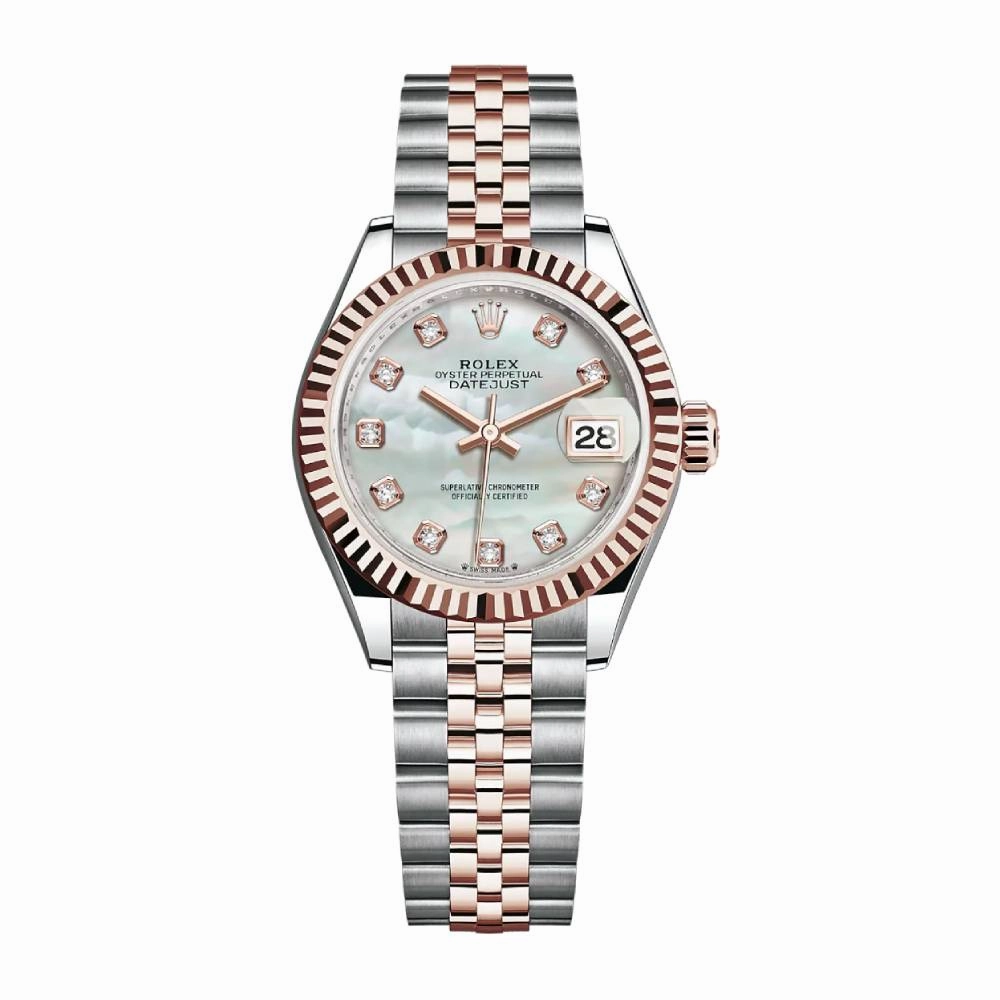 Rolex Lady-Datejust 28mm - Ref: 279171-0013 - White Mother of Pearl Diamond Dial, Two Tone Stainless Steel & 18K Rose Gold Jubilee Bracelet Women's Watch