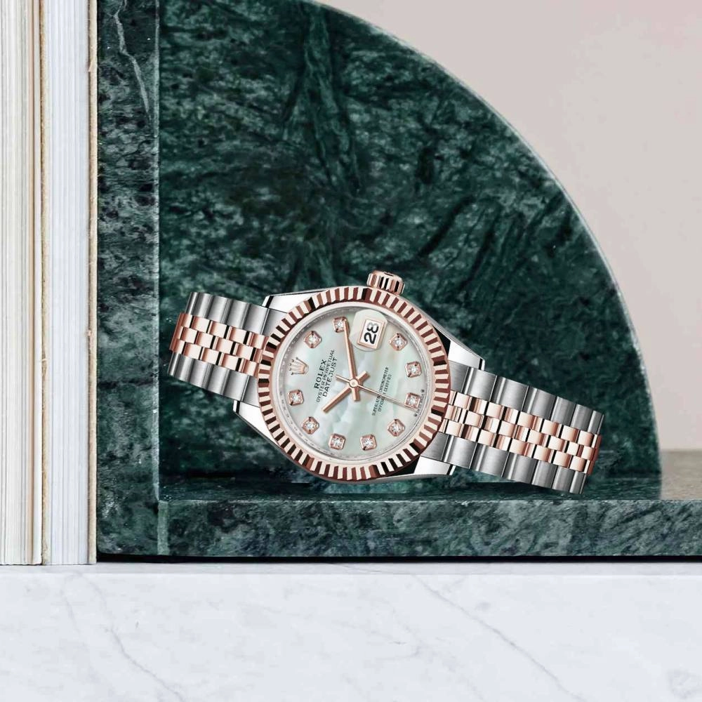 Rolex Lady-Datejust 28mm - Ref: 279171-0013 - White Mother of Pearl Diamond Dial, Two Tone Stainless Steel & 18K Rose Gold Jubilee Bracelet Women's Watch