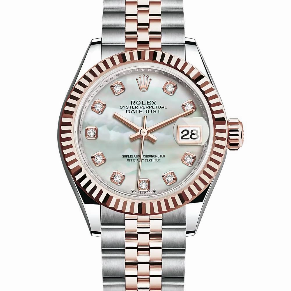 Rolex Lady-Datejust 28mm - Ref: 279171-0013 - White Mother of Pearl Diamond Dial, Two Tone Stainless Steel & 18K Rose Gold Jubilee Bracelet Women's Watch