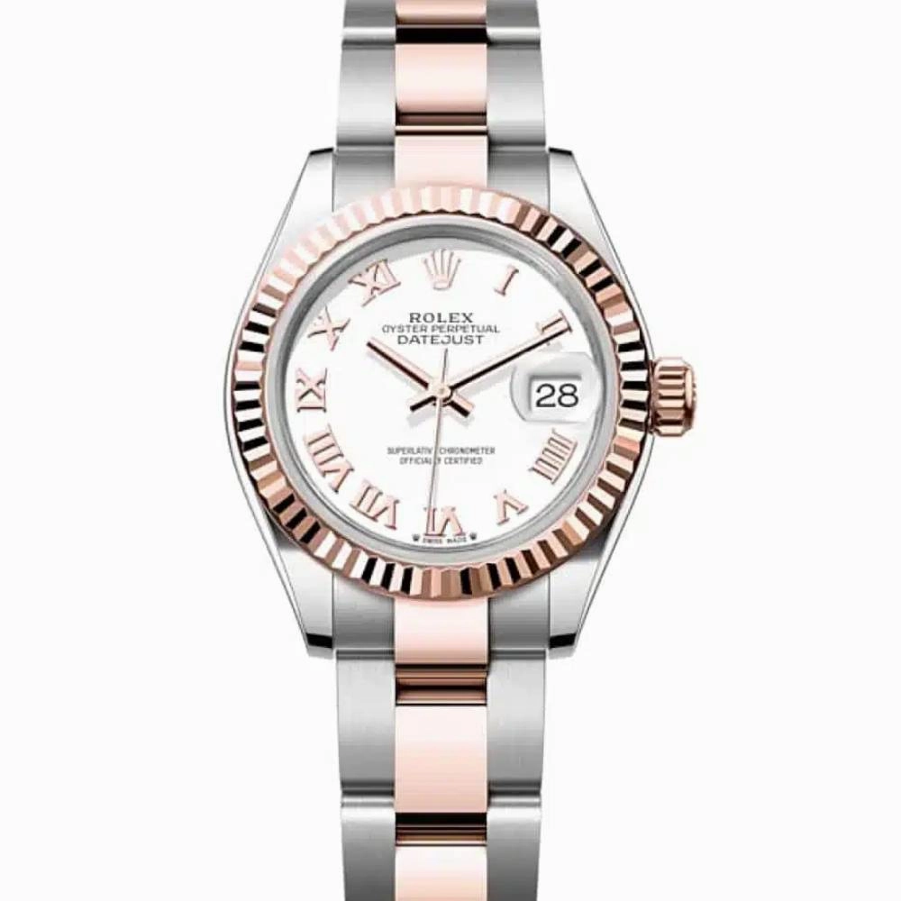 Rolex Lady-Datejust 28mm - Ref: 279171-0022 - White Roman Dial, Two Tone Stainless Steel & 18K Rose Gold Oyster Bracelet Women's Watch