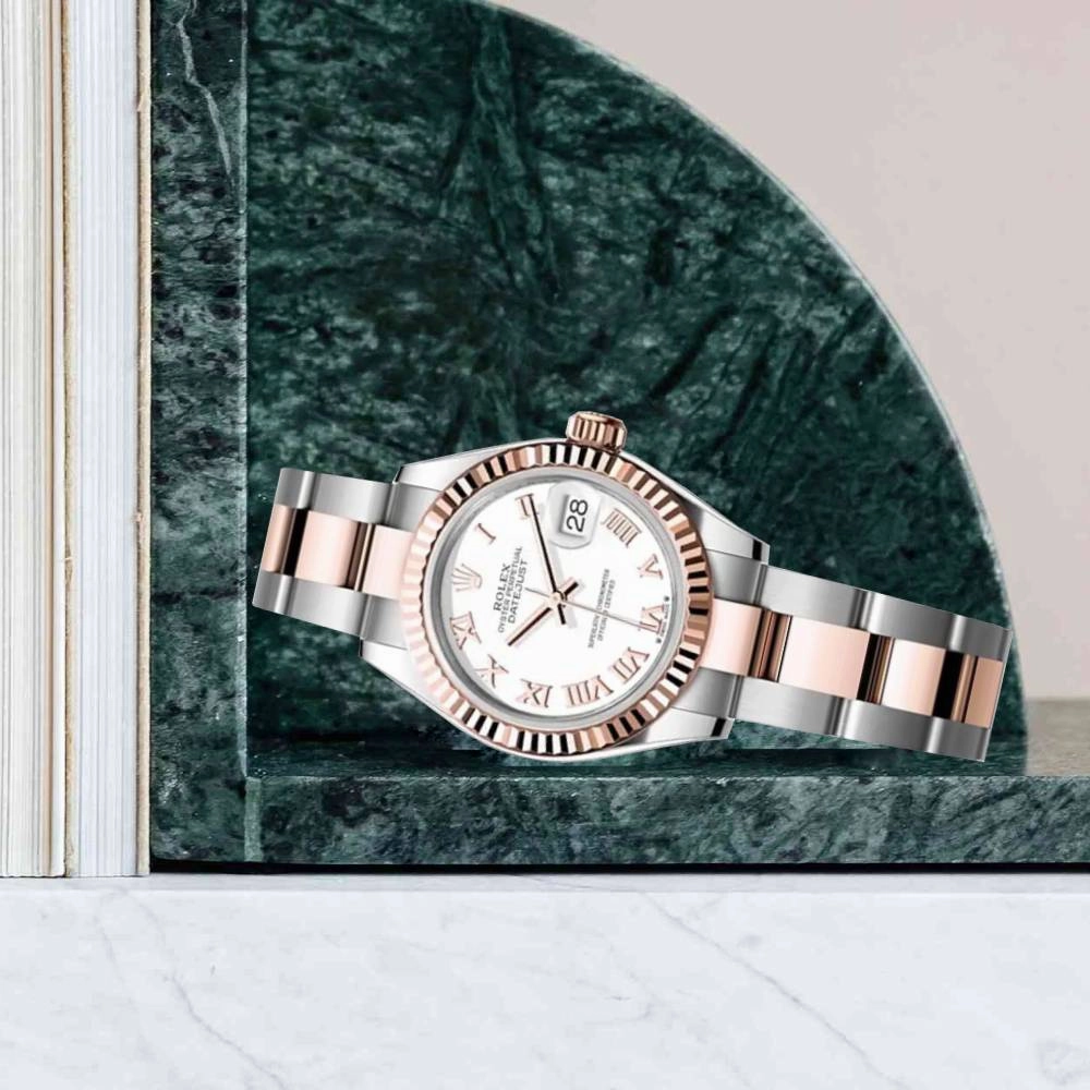 Rolex Lady-Datejust 28mm - Ref: 279171-0022 - White Roman Dial, Two Tone Stainless Steel & 18K Rose Gold Oyster Bracelet Women's Watch
