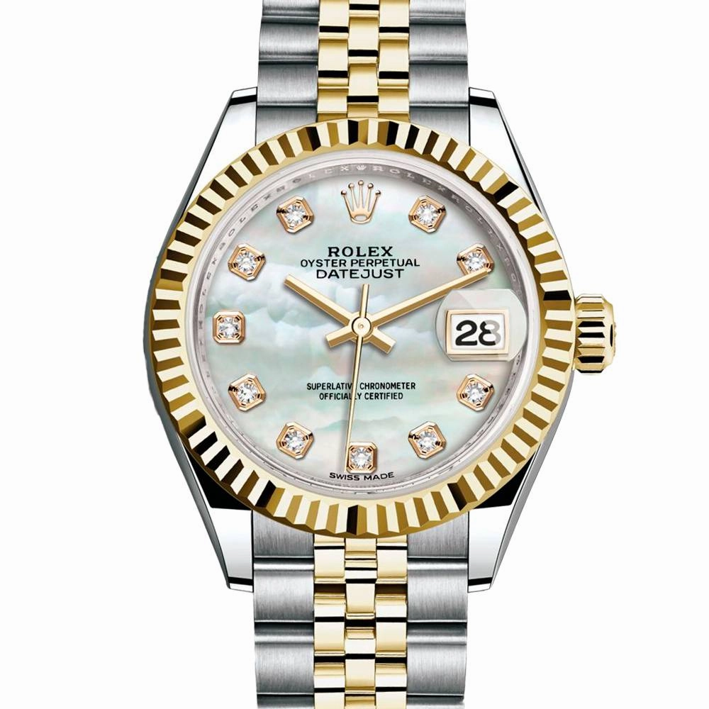 Rolex Lady-Datejust 28mm - Ref: 279173-0013 - White Mother of Pearl Diamond Dial, Two Tone Stainless Steel & 18K Yellow Gold Jubilee Bracelet Women's Watch