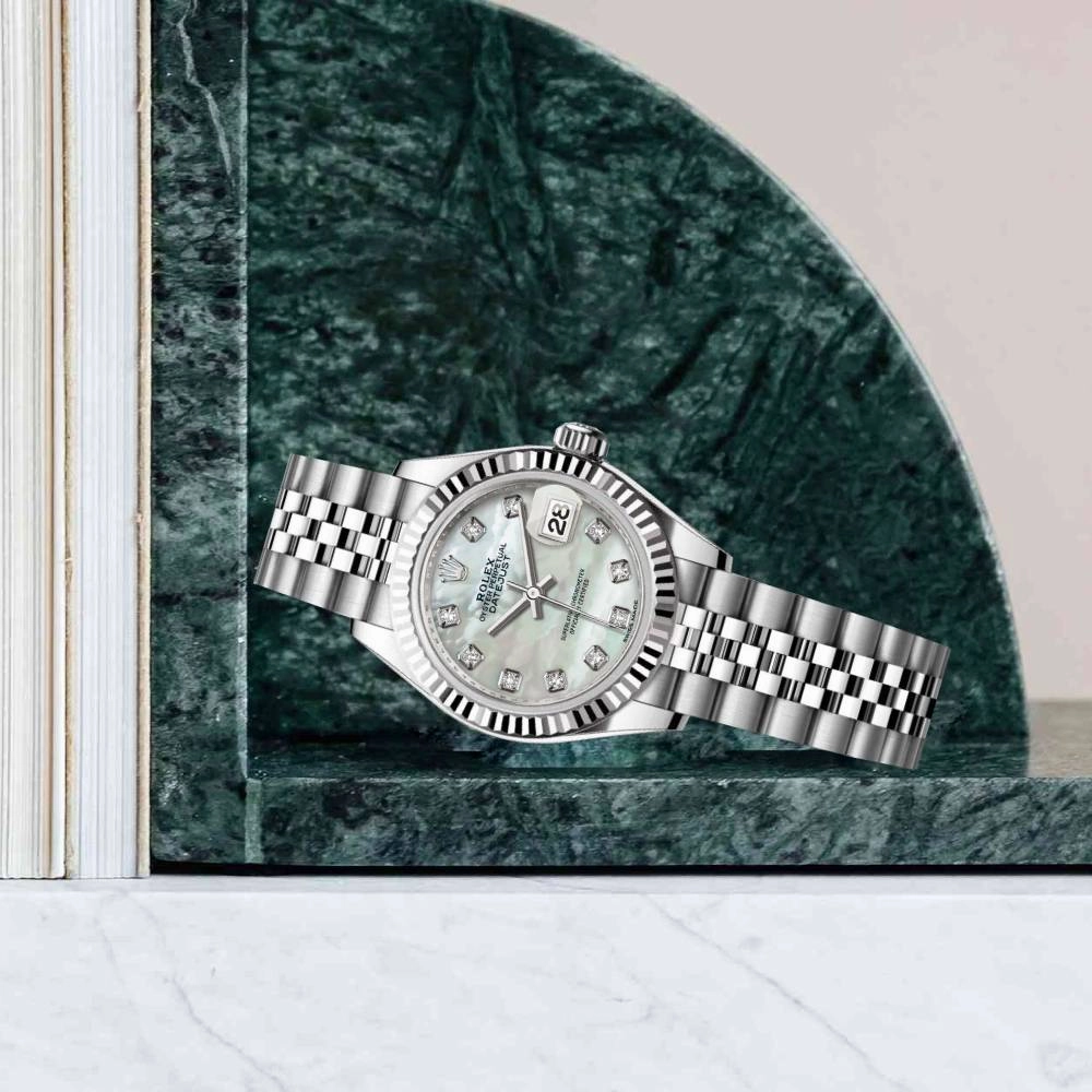 Rolex Lady-Datejust 28mm - Ref: 279174-0009 - White Mother of Pearl Diamond Dial, Stainless Steel Jubilee Bracelet Women's Watch
