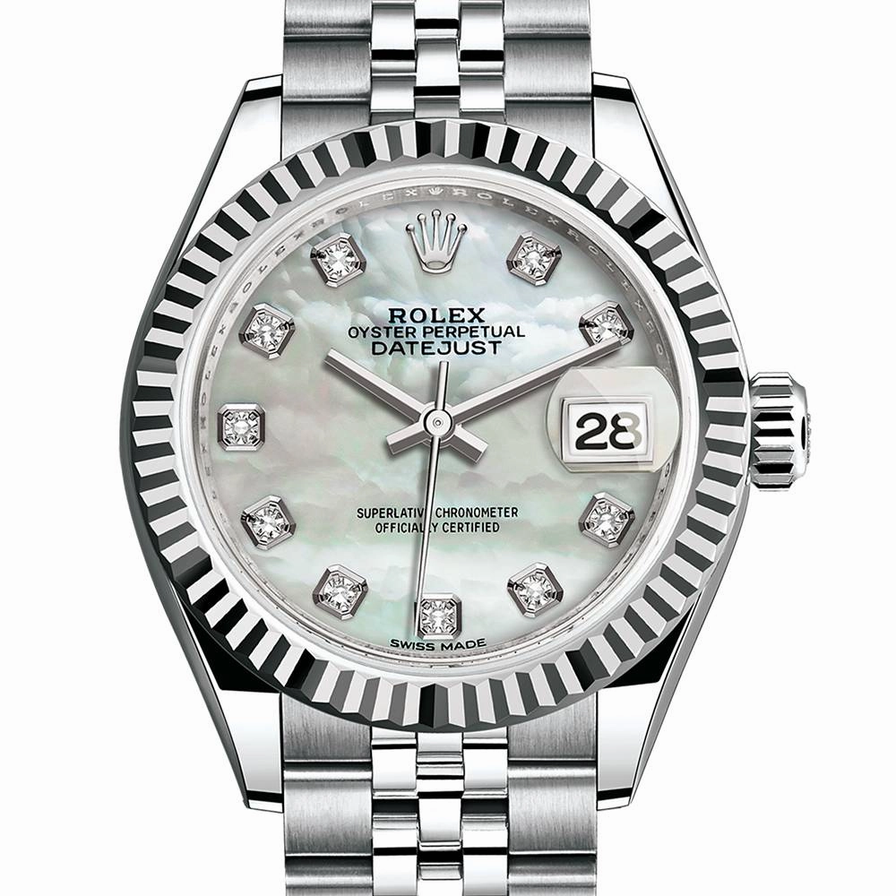 Rolex Lady-Datejust 28mm - Ref: 279174-0009 - White Mother of Pearl Diamond Dial, Stainless Steel Jubilee Bracelet Women's Watch