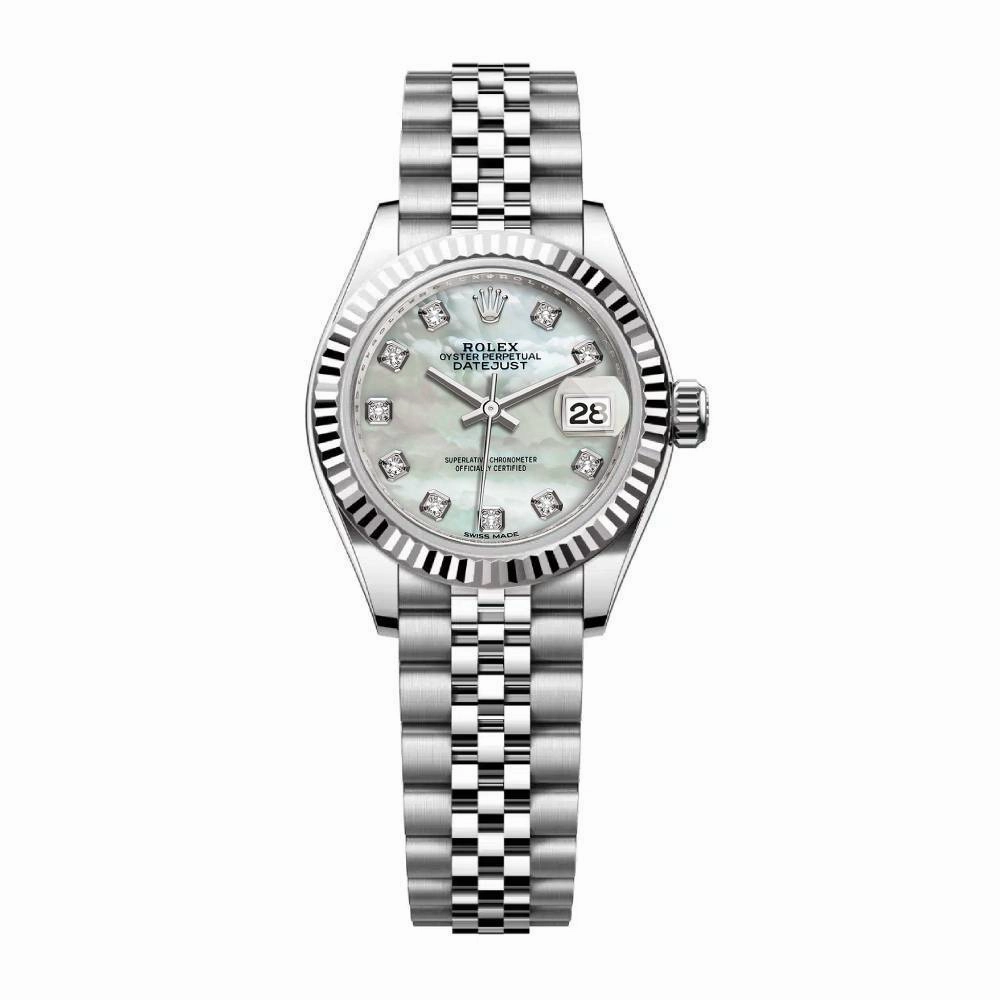 Rolex Lady-Datejust 28mm - Ref: 279174-0009 - White Mother of Pearl Diamond Dial, Stainless Steel Jubilee Bracelet Women's Watch