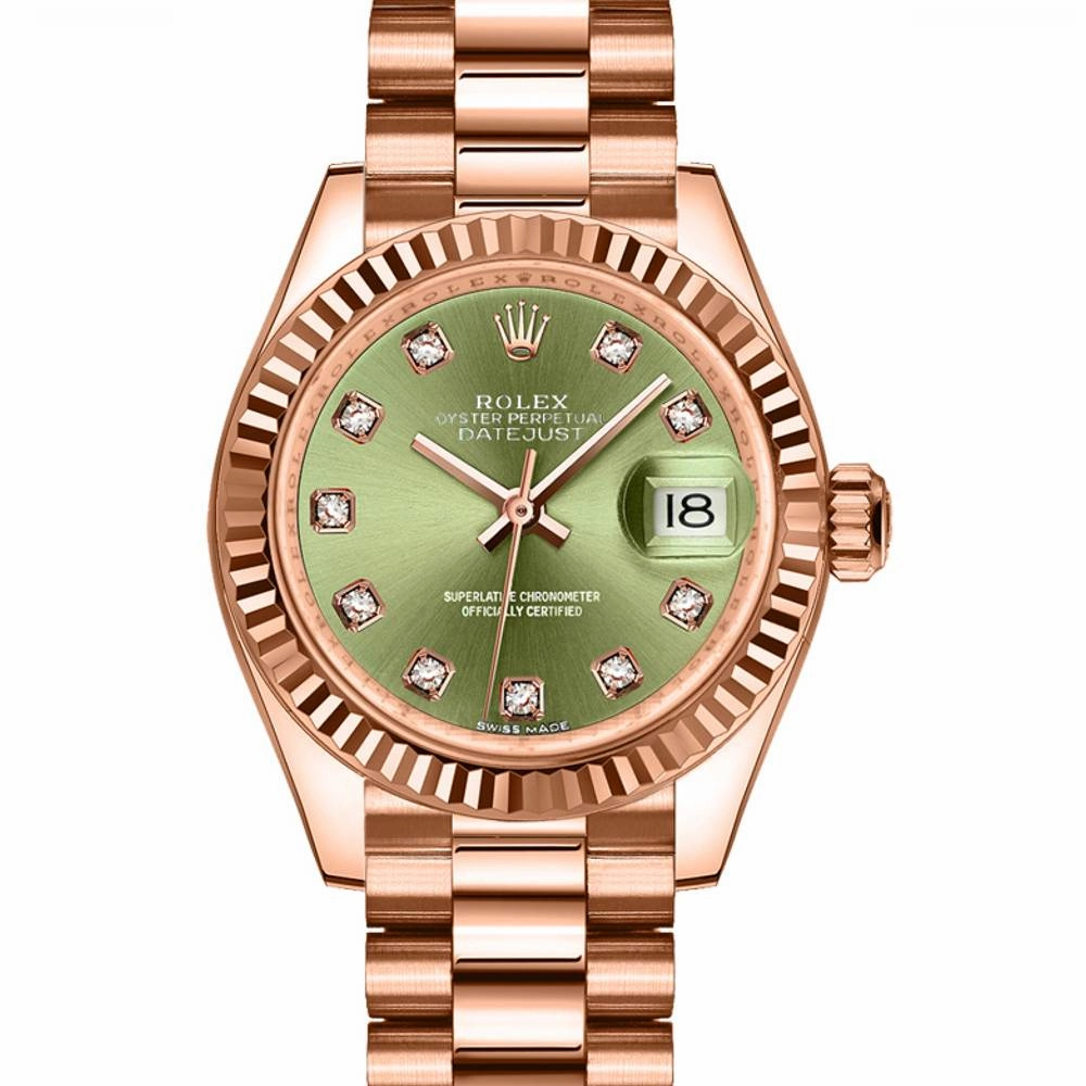 Rolex Lady Datejust 28mm - Ref: 279175-0009 - Green Dial, 18K Rose Gold President Bracelet Women's Watch