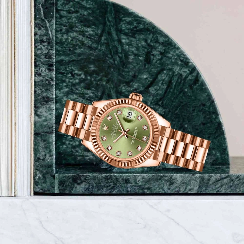 Rolex Lady Datejust 28mm - Ref: 279175-0009 - Green Dial, 18K Rose Gold President Bracelet Women's Watch