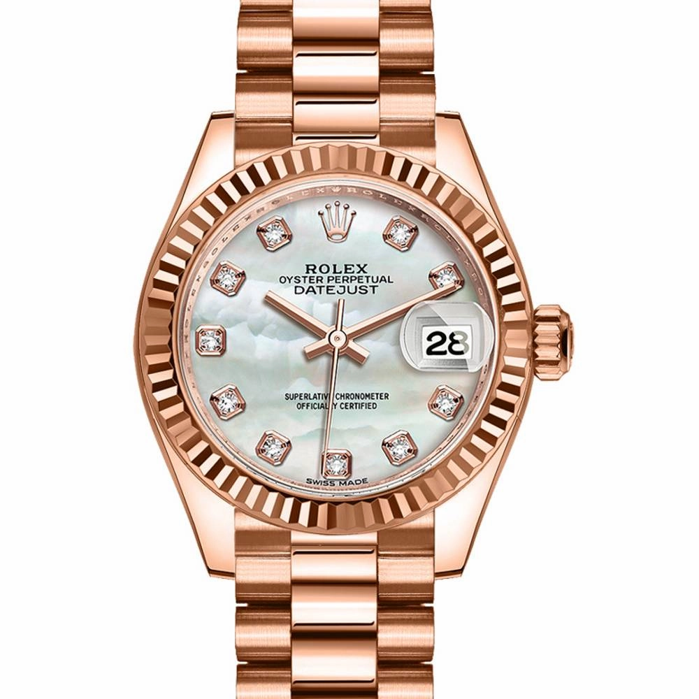 Rolex Lady Datejust 28mm - Ref: 279175-0017 - White Mother of Pearl Dial, 18K Rose Gold President Bracelet Women's Watch