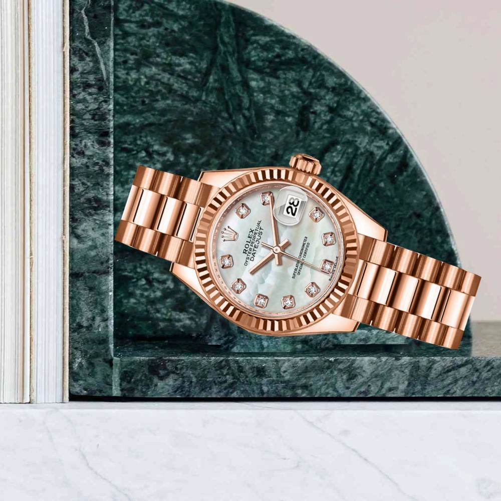 Rolex Lady Datejust 28mm - Ref: 279175-0017 - White Mother of Pearl Dial, 18K Rose Gold President Bracelet Women's Watch