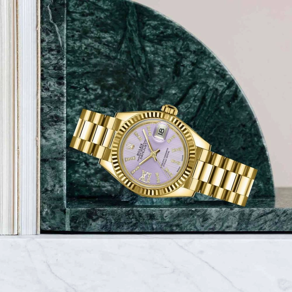 Rolex Lady-Datejust 28mm - Ref: 279178-0011 - Lilac Diamond Dial, 18K Yellow Gold President Bracelet Women's Watch