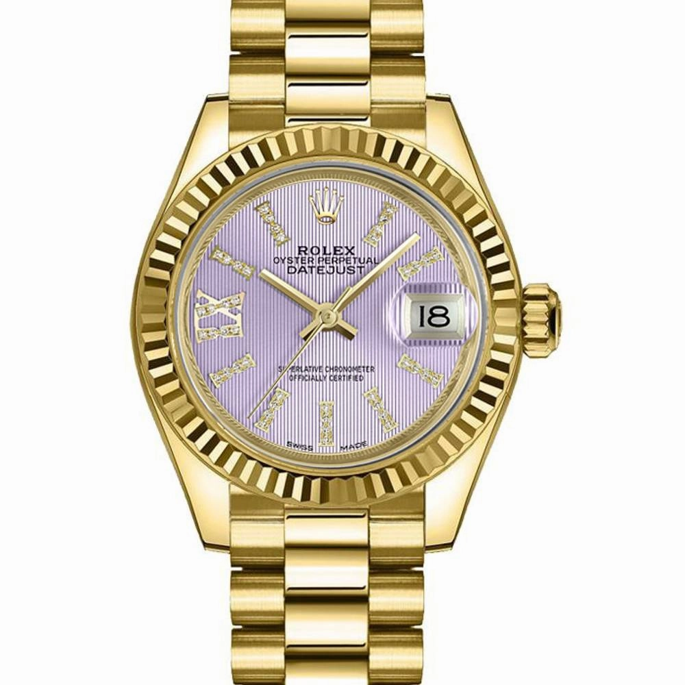Rolex Lady-Datejust 28mm - Ref: 279178-0011 - Lilac Diamond Dial, 18K Yellow Gold President Bracelet Women's Watch