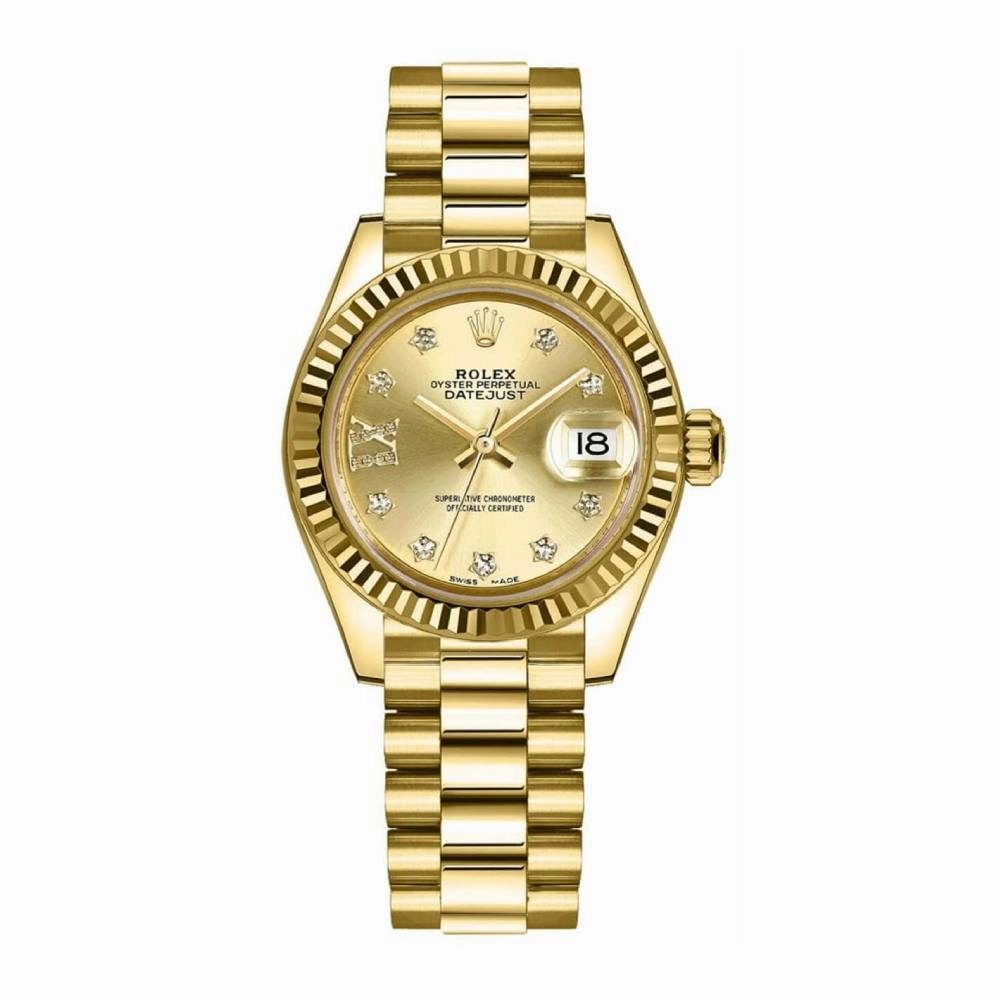 Rolex Lady Datejust 28mm - Ref: 279178-0013 - Champagne Dial, 18K Yellow Gold President Bracelet Women's Watch