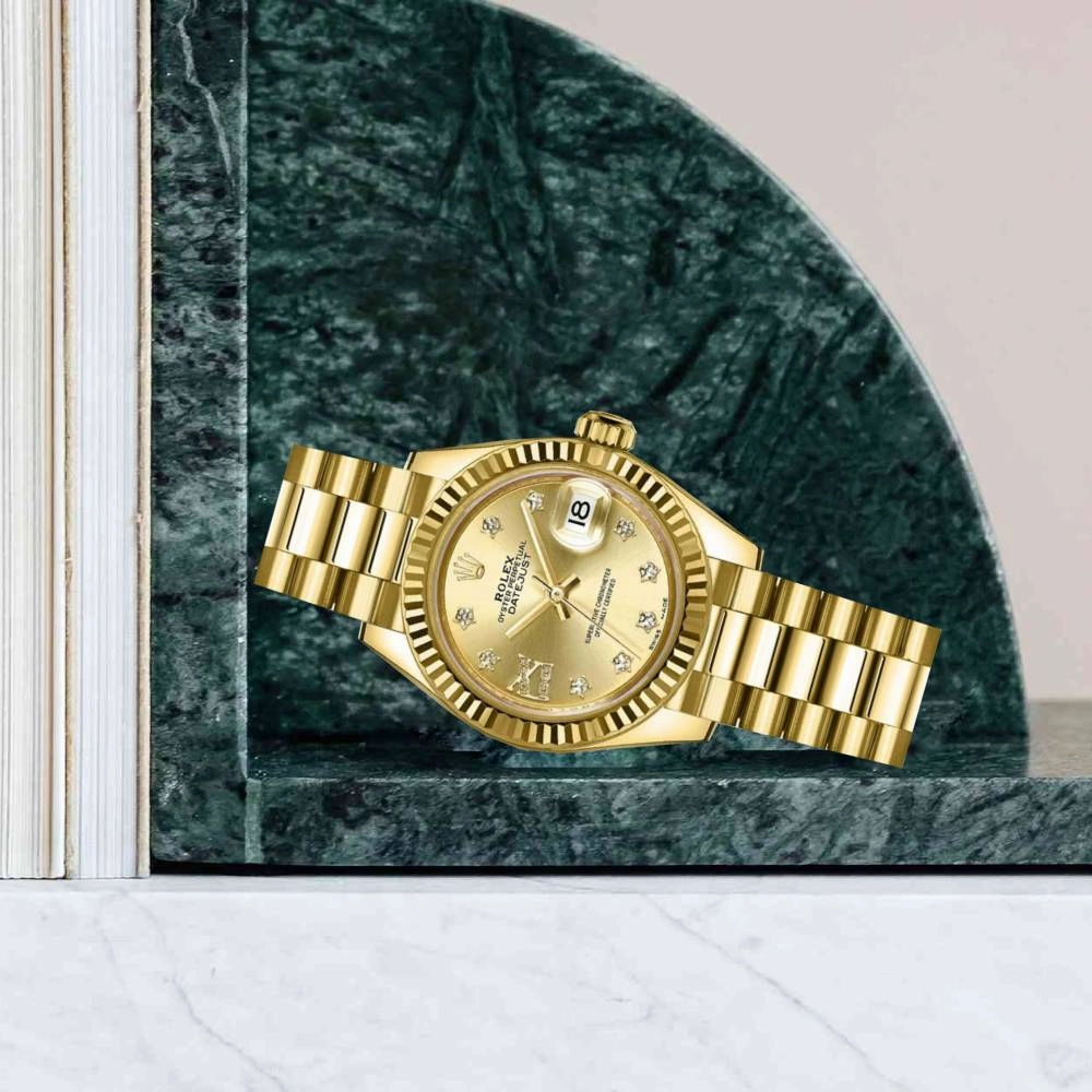 Rolex Lady Datejust 28mm - Ref: 279178-0013 - Champagne Dial, 18K Yellow Gold President Bracelet Women's Watch