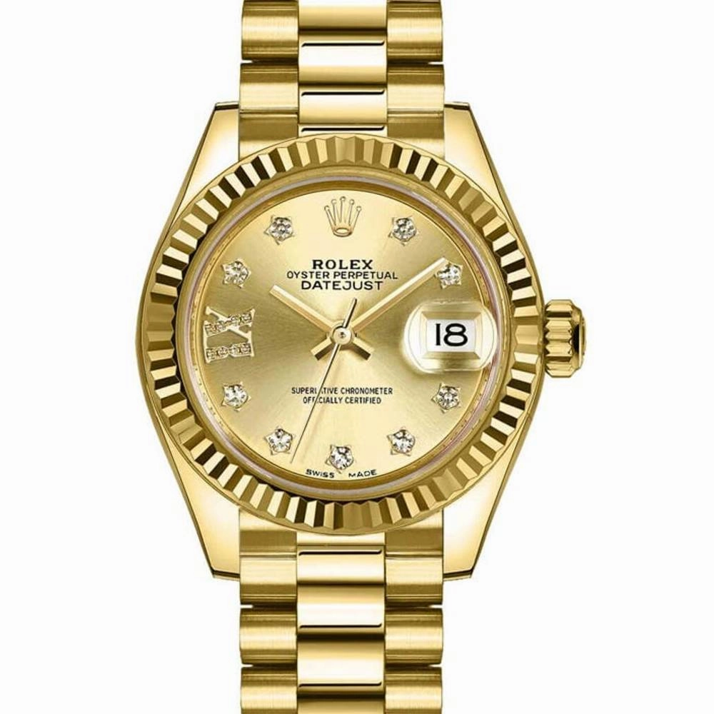 Rolex Lady Datejust 28mm - Ref: 279178-0013 - Champagne Dial, 18K Yellow Gold President Bracelet Women's Watch