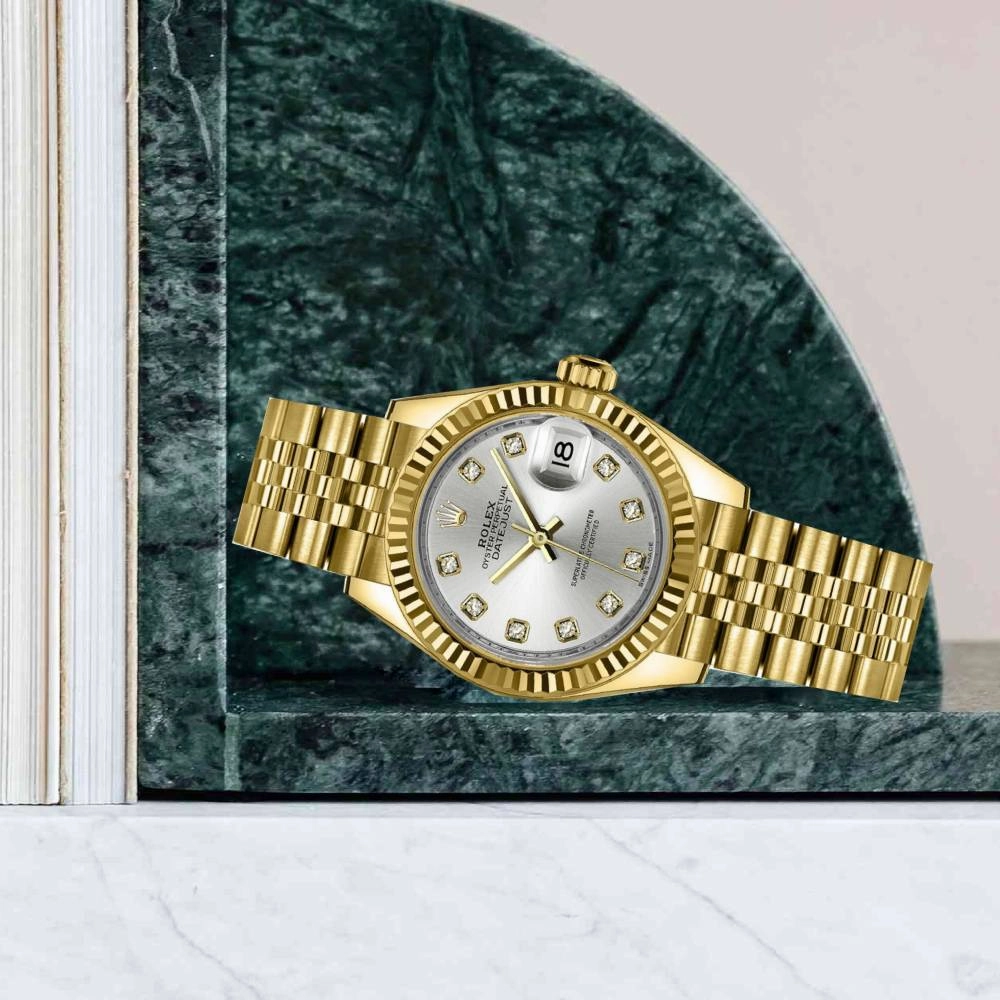 Rolex Lady-Datejust 28mm - Ref: 279178-0016 - Silver Diamond Dial, 18K Yellow Gold Jubilee Bracelet Women's Watch