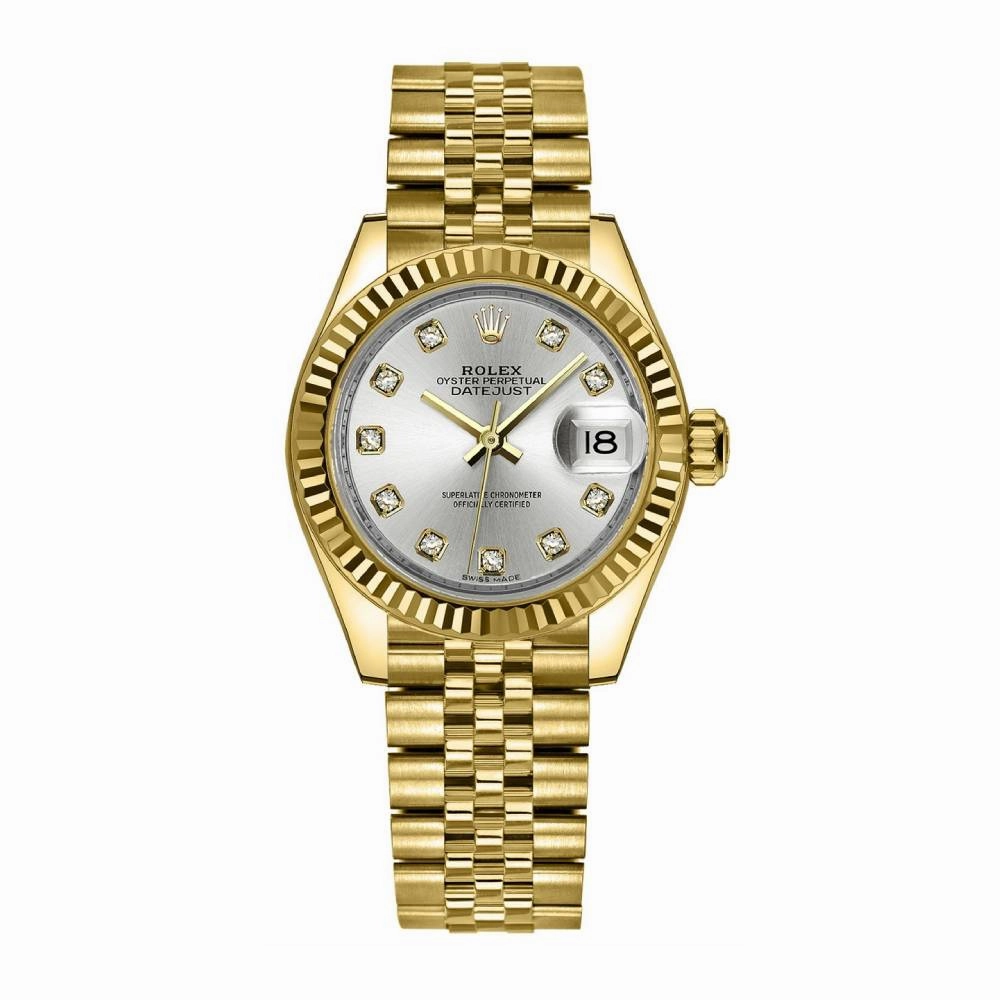 Rolex Lady-Datejust 28mm - Ref: 279178-0016 - Silver Diamond Dial, 18K Yellow Gold Jubilee Bracelet Women's Watch