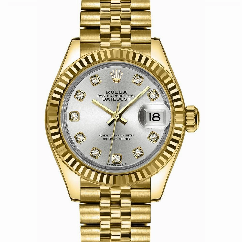 Rolex Lady-Datejust 28mm - Ref: 279178-0016 - Silver Diamond Dial, 18K Yellow Gold Jubilee Bracelet Women's Watch